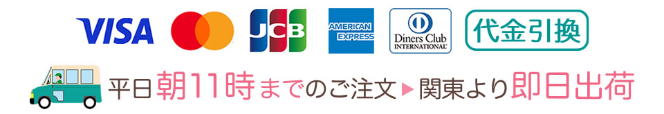 お支払いはカード決済、代金引換、銀行振込。平日11時までのご注文で即日出荷です。